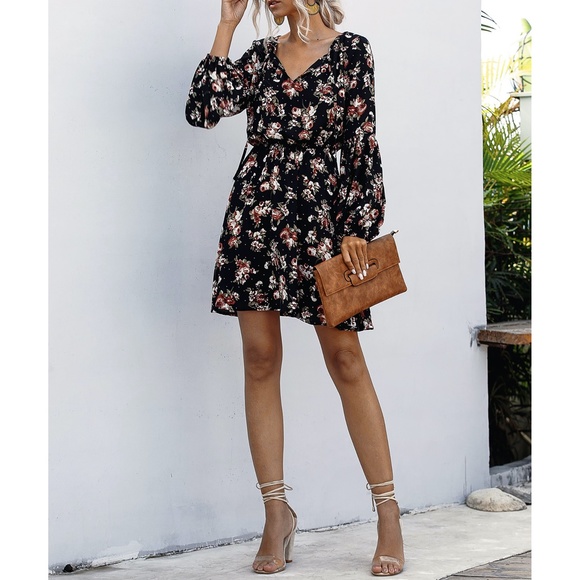Black Floral Print Long Sleeve Fit & Flare Dress - Picture 4 of 14